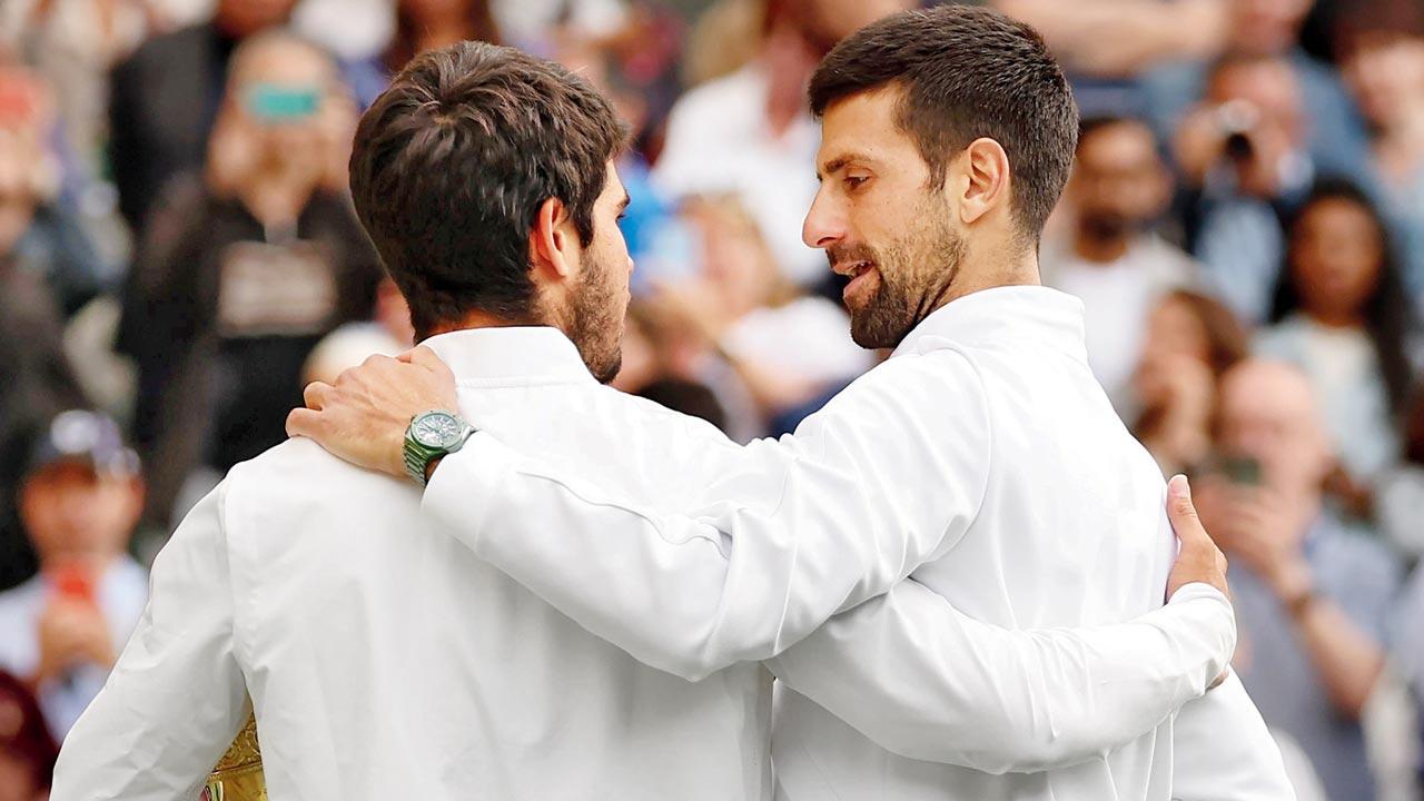 (Right) Losing finalist Novak Djokovic’s gracious mention of (left) Carlos Alcaraz in his Wimbledon speech in 2023 shows humility. Pics Courtesy/Getty images