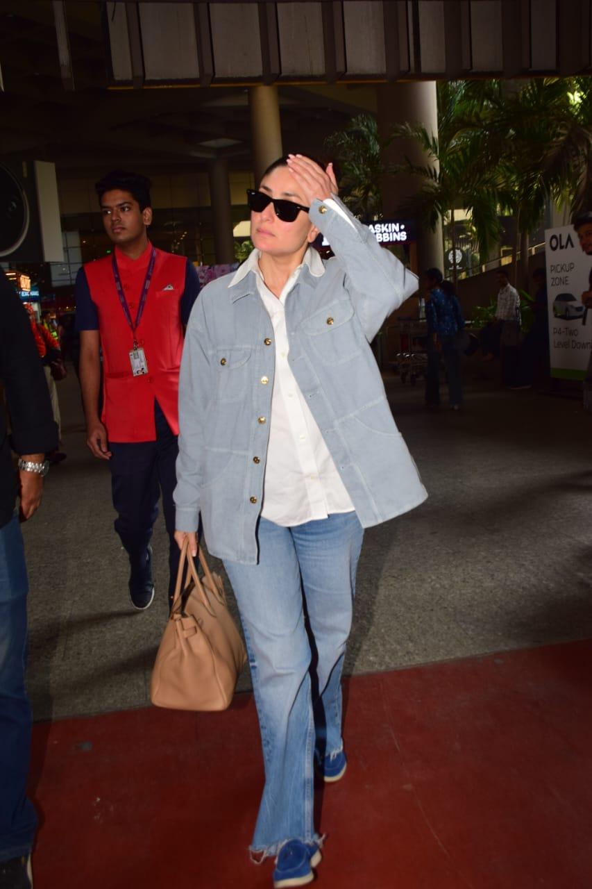 Kareena Kapoor was snapped wearing a stylish outfit. The actress paired a white T-shirt and paired it with blue jeans with a matching jacket