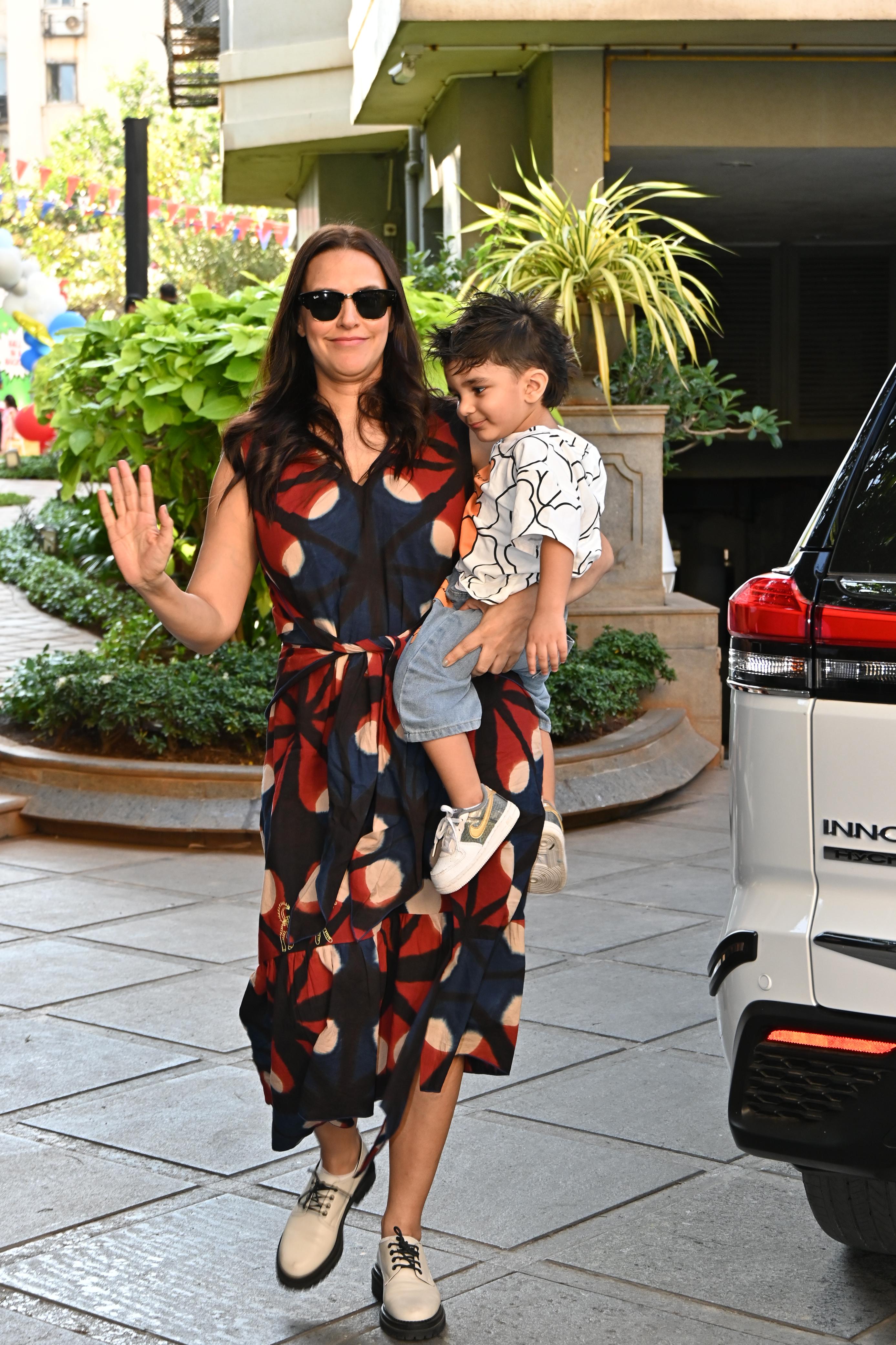 Neha Dhupia was snapped in the city as she went to attend Jeh's birthday party with her son