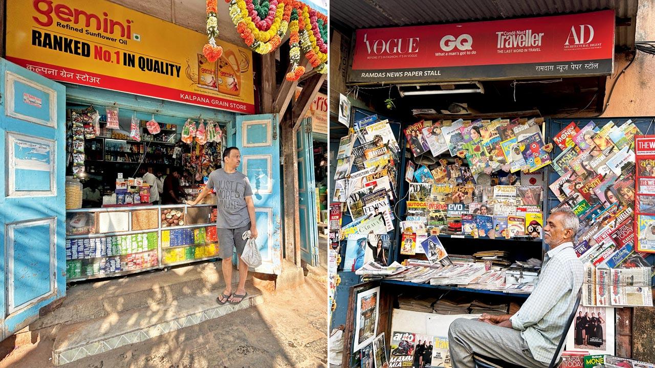 (Left, right) Kalpana Grain Store and Ramdas Newspaper Stall. Pics/Devanshi Doshi, Rishi Aggarwal