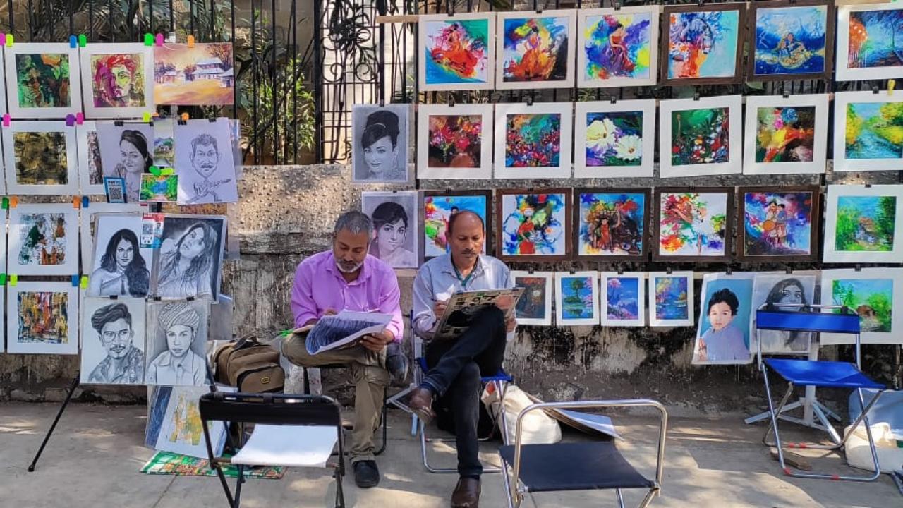 Shailesh Kamble (right) came to Mumbai from Vidarbha over 22 years ago to give a test for the job as a cartoonist at a production house. However, things did not work out well and soon there were payment issues. After roaming around in the Kala Ghoda area, he spotted two-three artists sitting at the street. After seeing how their day goes by, he joined them and started earning a reasonable income.