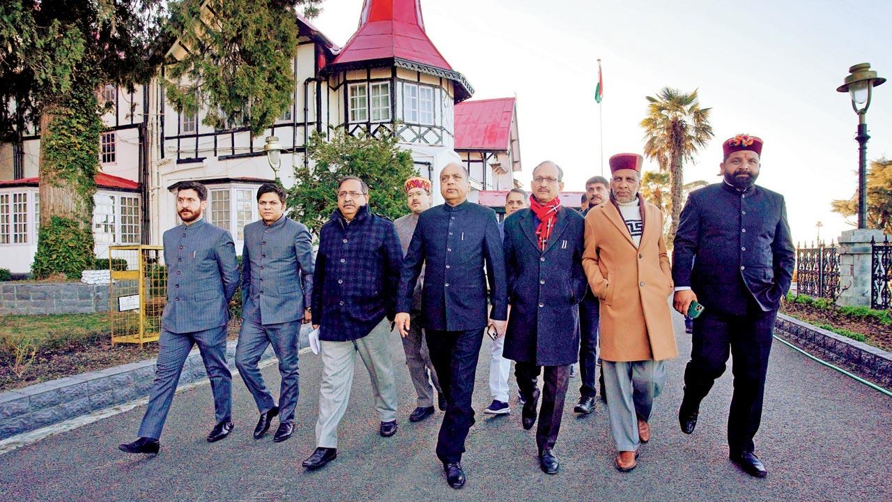 Leader of Opposition Jairam Thakur with BJP MLAs during a visit to Raj Bhavan on Wednesday. Pic/PTI