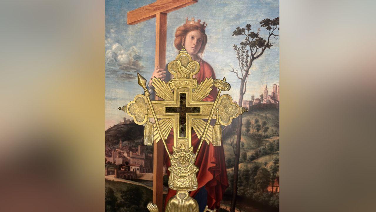 The true cross reliquary On display is a fragment of the ‘True Cross’, reputedly the relic of the wood of the cross on which Christ was crucified as discovered by St Helena, the mother of the Roman Emperor, Constantine the Great, when she visited the Holy Land between AD 326 – 328