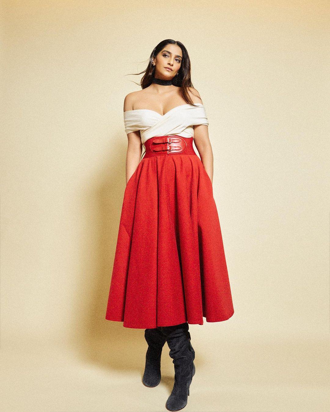 The actress donned a white off-shoulder crop top paired with a red shirt and black boots, creating a winning combination. With her signature straight hair and minimal makeup, Sonam effortlessly wowed everyone, showcasing a style that is both elegant and perfect for a romantic occasion.