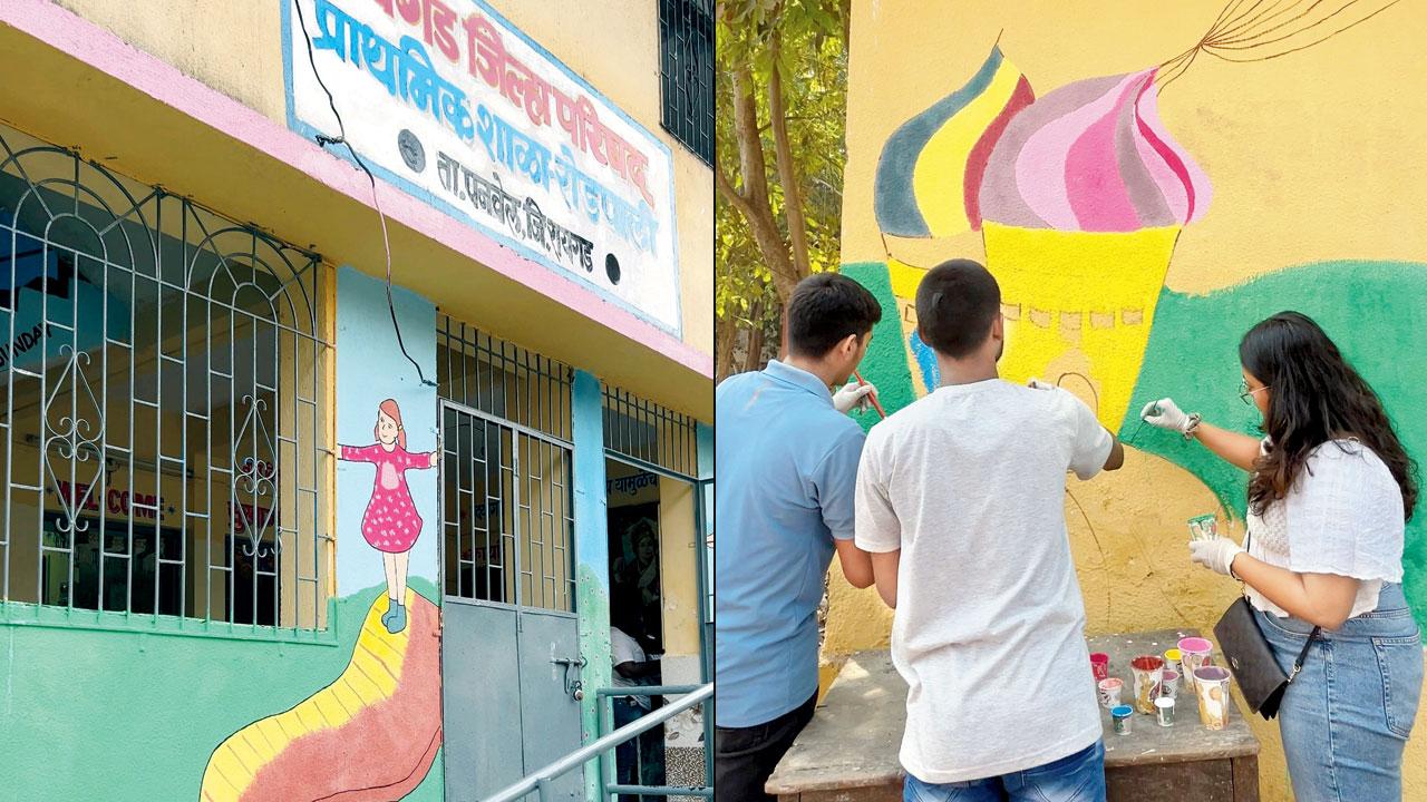 (Left) The entrance of the government school is painted with a mural of a girl child; (right) volunteers paint quirky and vibrant motifs on a wall