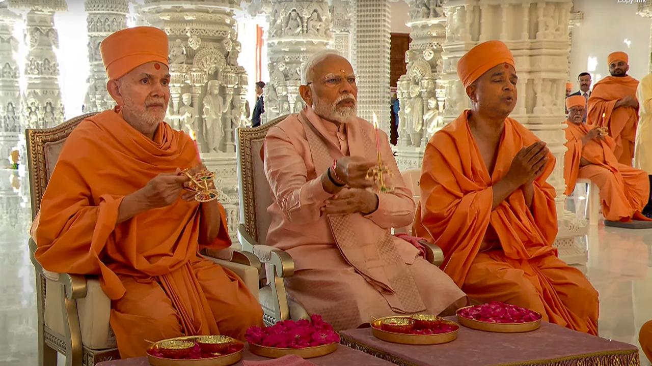 The prime minister also offered water in the virtual Ganga and Yamuna rivers at the temple before proceeding to inaugurate the temple built on a 27-acre site in Abu Mreikhah, near Al Rahba off the Dubai-Abu Dhabi Sheikh Zayed Highway, at a cost of around Rs 700 crore