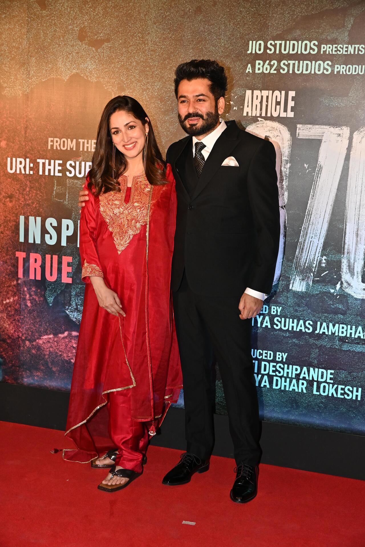 Parents-to-be Yami Gautam and Aditya Dhar pose together at the premiere of their film