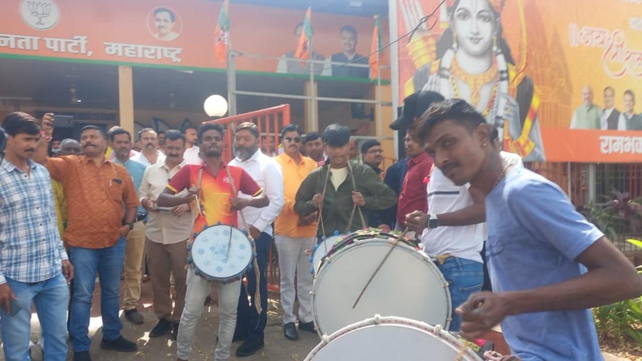 A festive atmosphere is seen outside Mumbai BJP office as Chavan joins the party