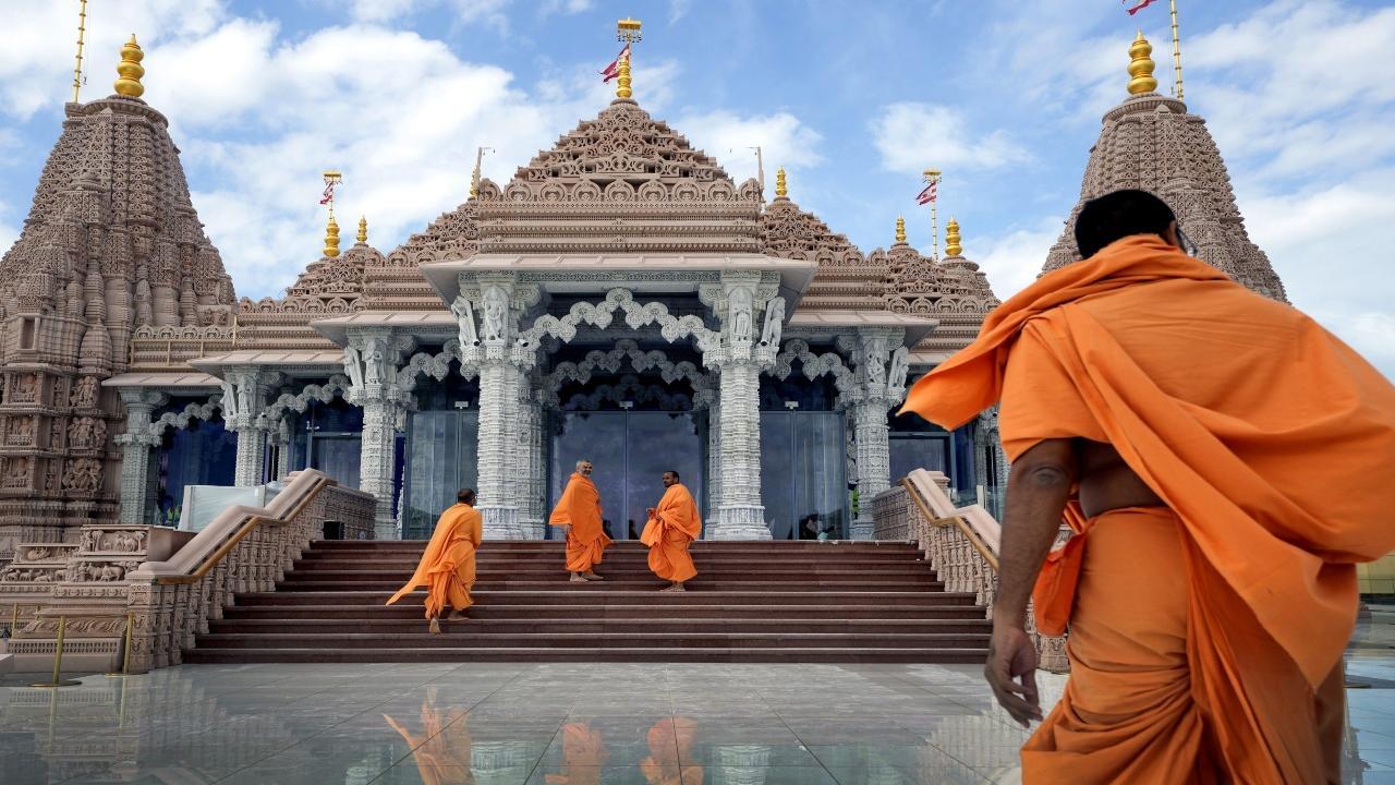 Preparations are in full swing in Abu Dhabi ahead of the inauguration of 'BAPS Mandir,' the first Hindu temple, by Prime Minister Narendra Modi on February 14. Pics/AP/PTI