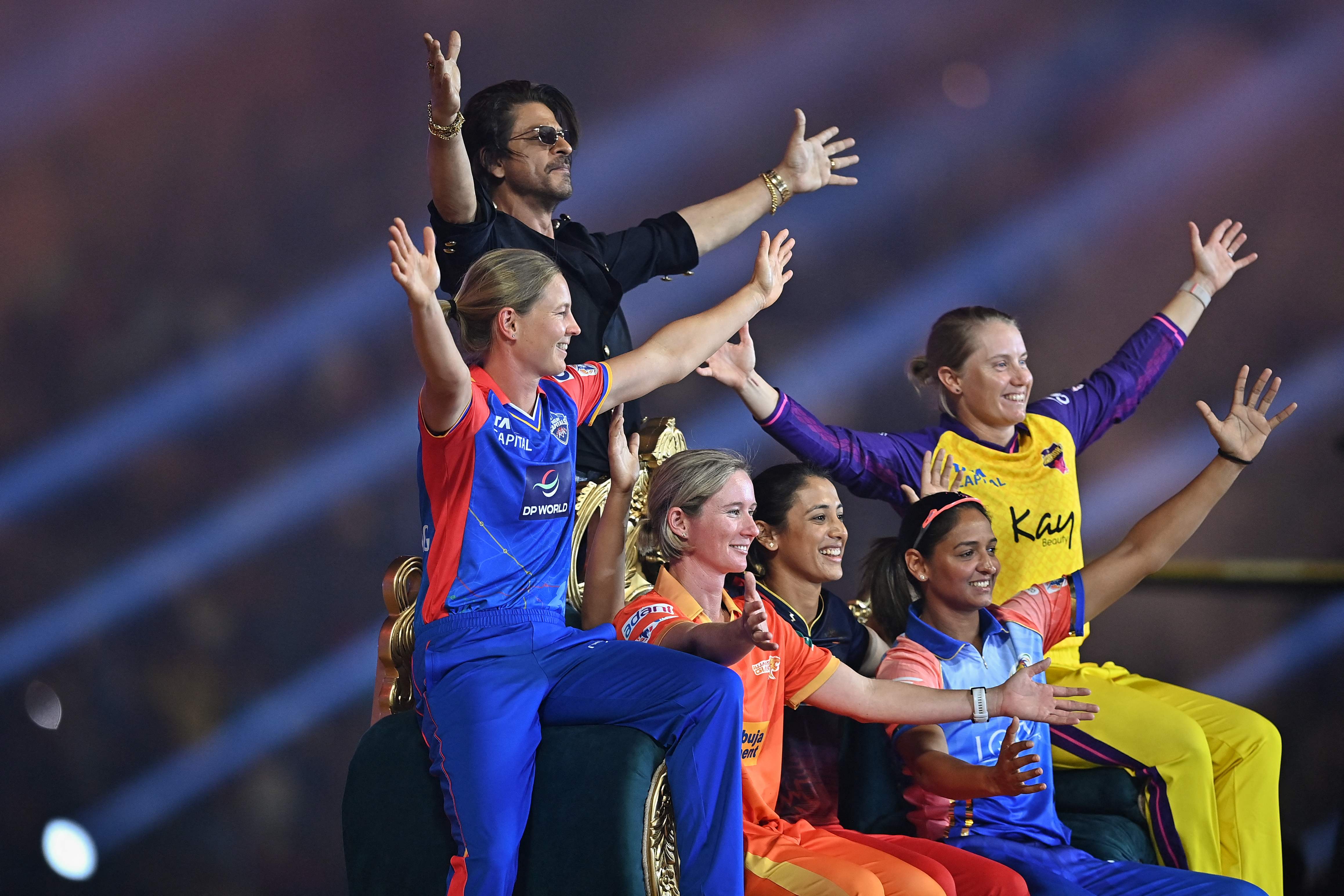 Shah Rukh Khan and the WPL teams' captains pose together during the opening ceremony of the 2024 Women's Premier League (WPL)