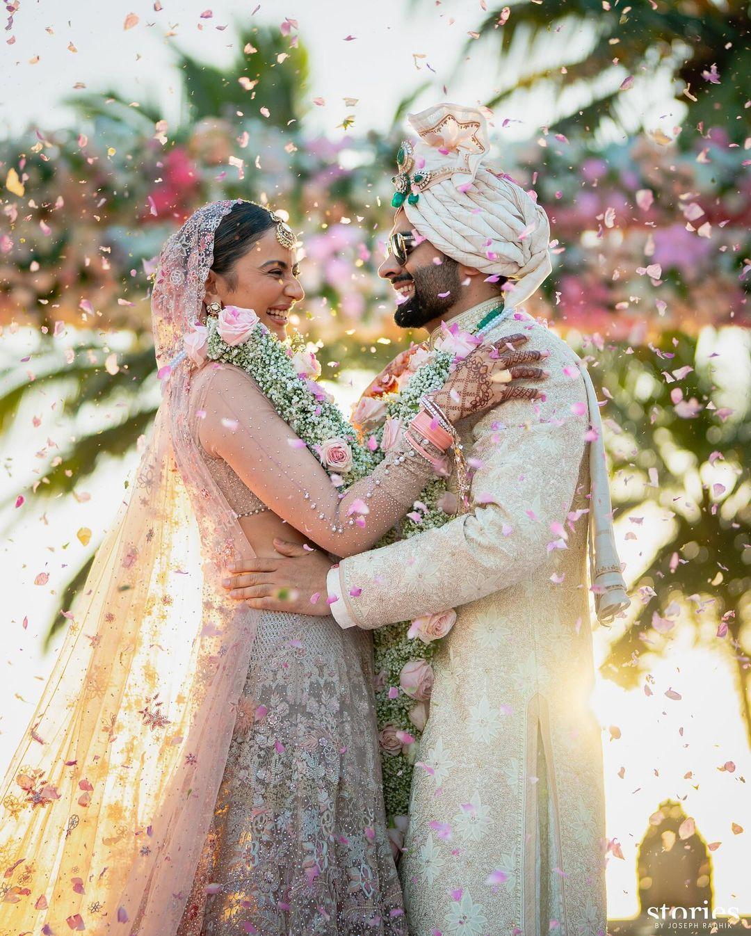 On Wednesday evening, Rakul and Jackky dropped their first wedding pictures. They looked happy and stunning in the dreamy set up of the wedding location.