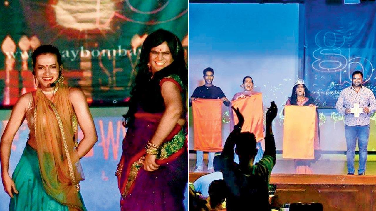Pranit Hate AKA Ganga and Ajinkya Doiphode AKA Iccha in the play; Mascarenhas (extreme right) on stage 