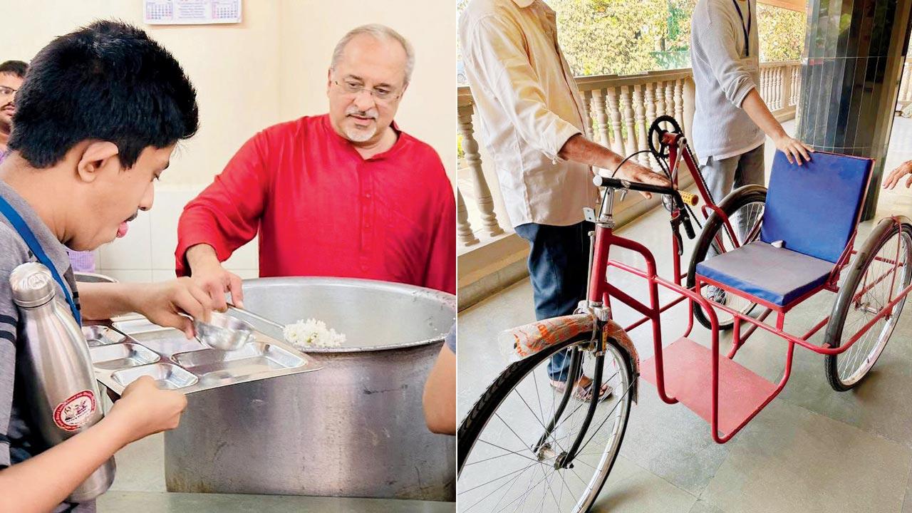 Vazirani serves lunch during the event; (right) a functional tricycle 