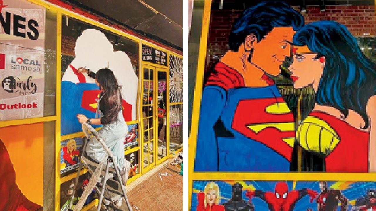 (Left) Srushti Bansode paints on the glass façade of the store; (right) the final mural