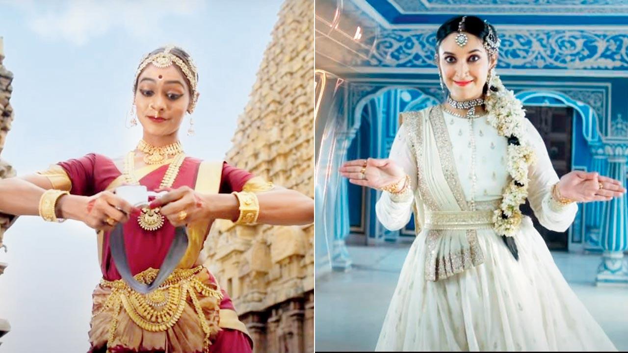 Vithya Arasu performs against the temple complex of Gangai Konda Cholapuram in Tamil Nadu; (right) A dancer shares the guidelines to exit the plane using Kathak expressions. Pics Courtesy/YouTube