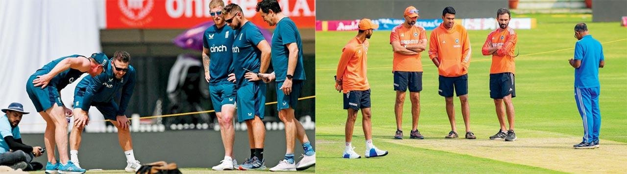 Members of the England (left) and India camps (right) check out the JSCA Stadium pitch yesterday