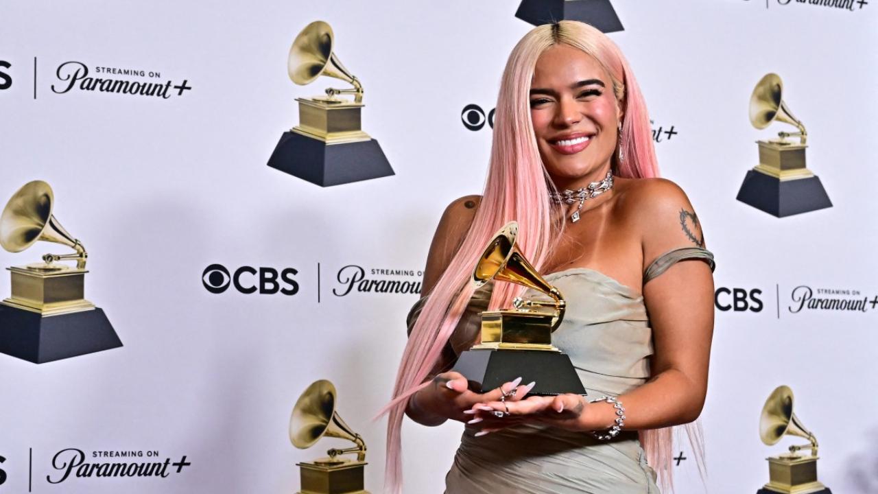 Colombian singer Karol G poses in the press room with the Grammy for Best Musica Urbana Album for 