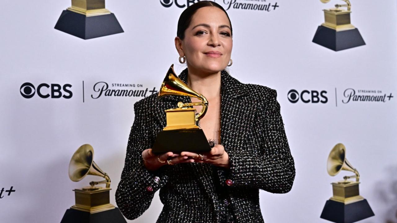 Mexican singer Natalia Lafourcade poses in the press room with the Grammy for Best Latin Rock of Alternative album for 