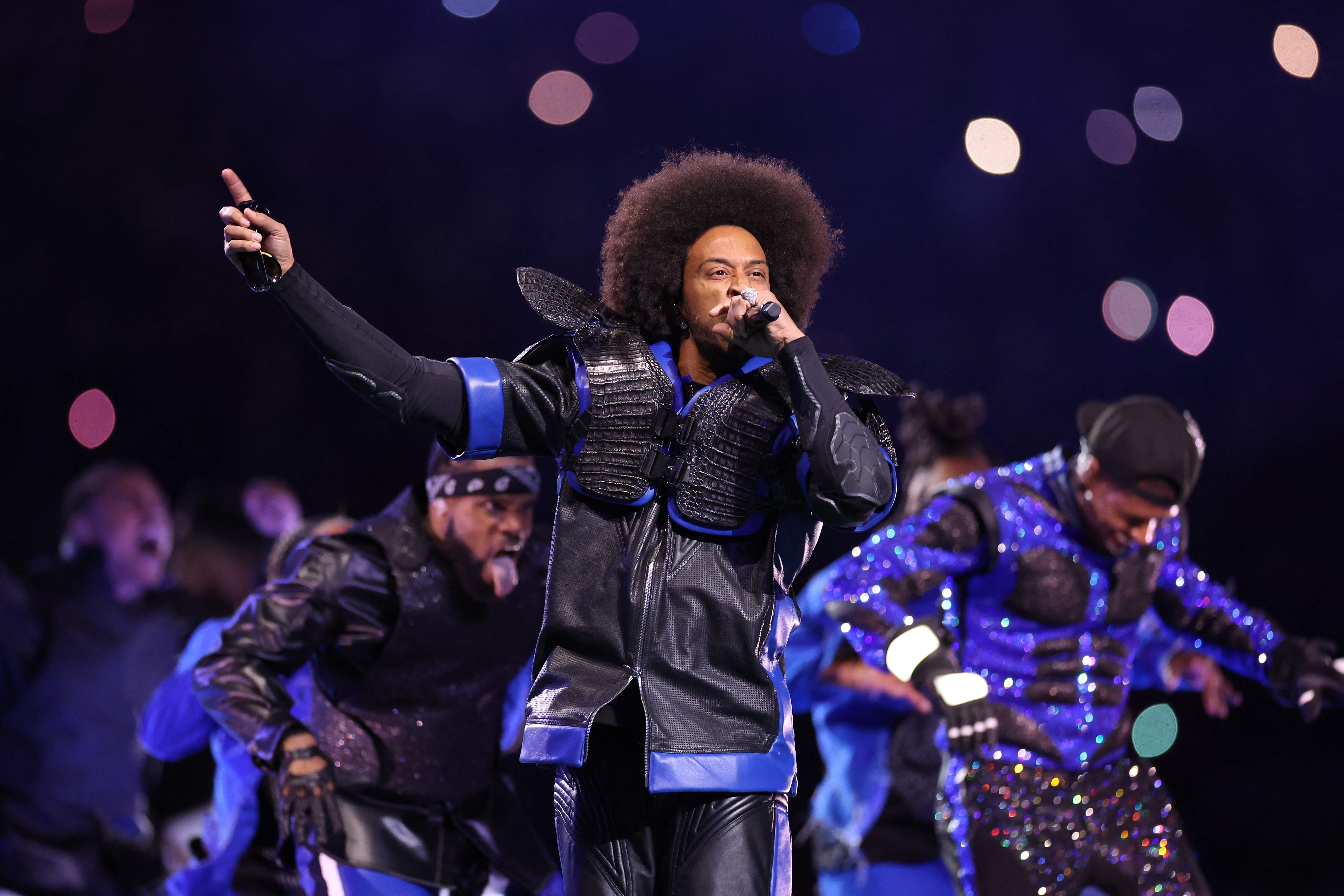 (L-R) Ludacris and Usher perform onstage during the Apple Music Super Bowl LVIII Halftime Show at Allegiant Stadium on February 11.