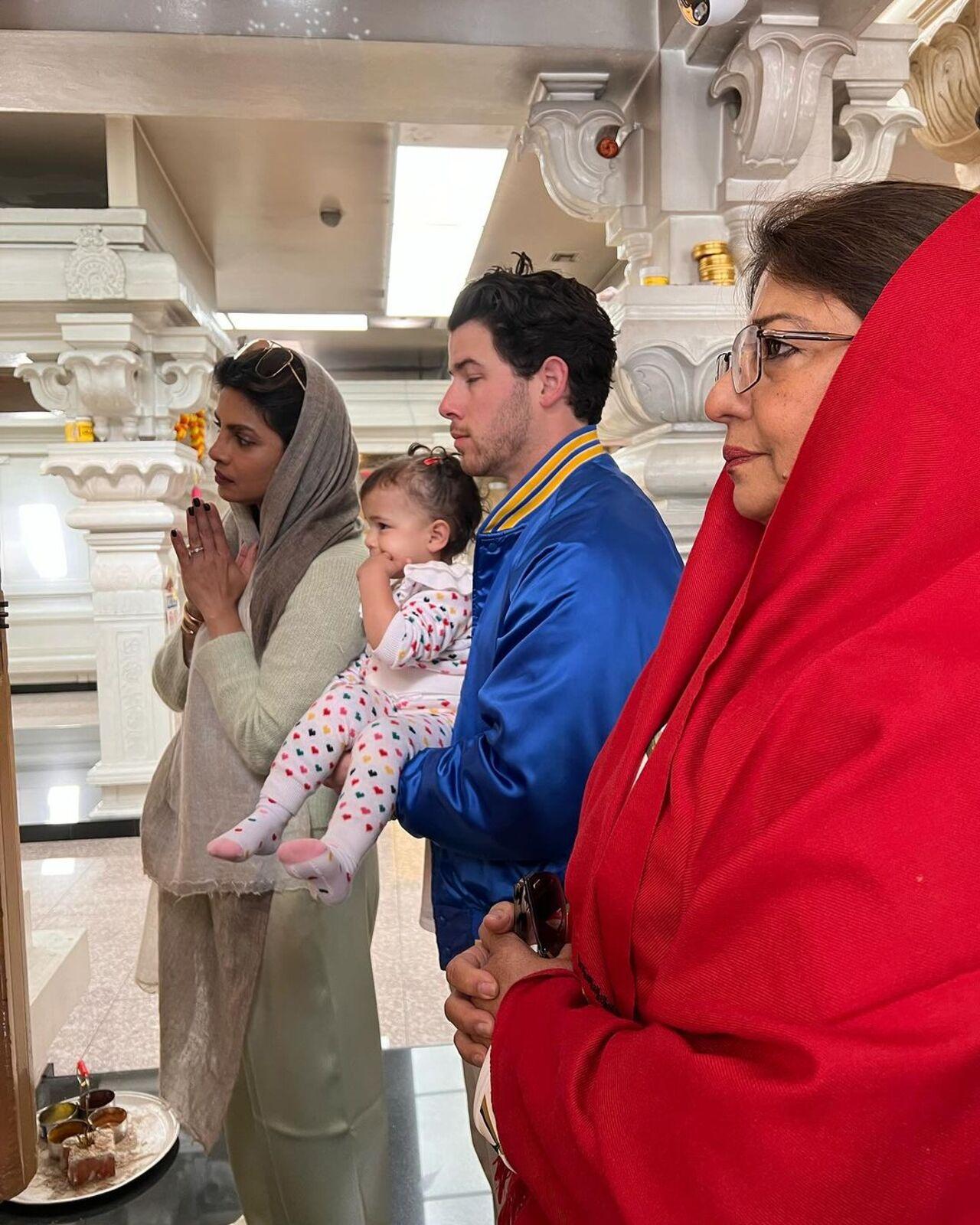 The couple also held a puja for their little one and shared some snaps from the same. In the picture, Priyanka Chopra and Nick Jonas along with their daughter and actress' mother Madhumalti were seen praying to Lord Venkateswara at a temple in Malibu