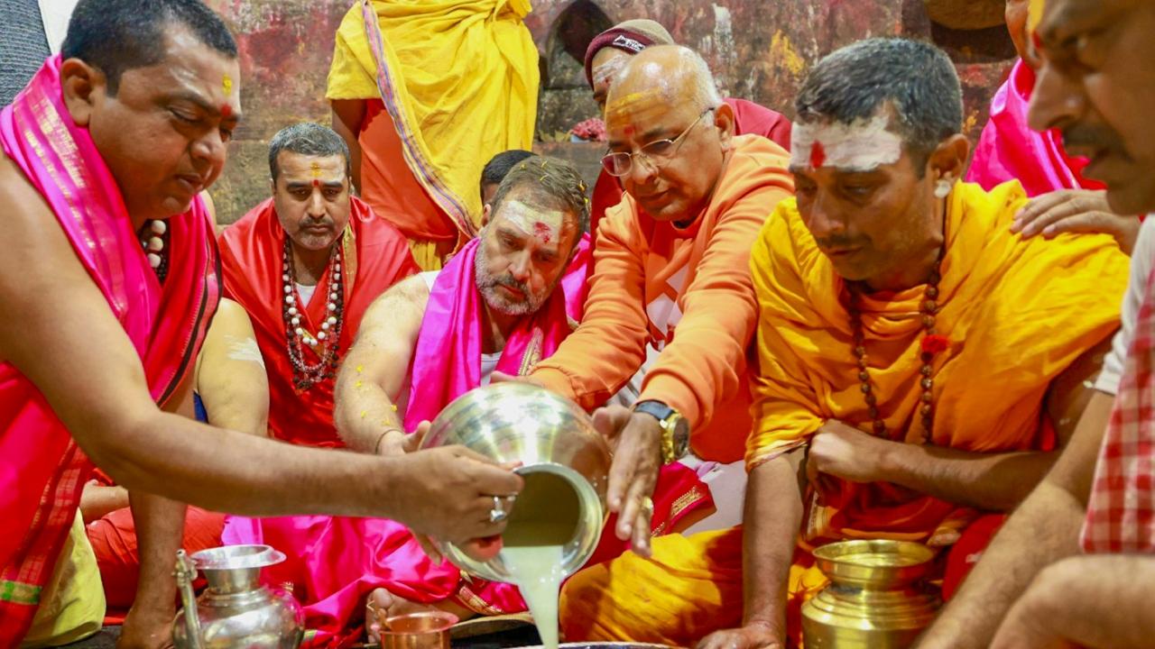 Gandhi reached Deoghar in Jharkhand on Saturday and offered prayers at the famed Baba Baidyanath Dham 