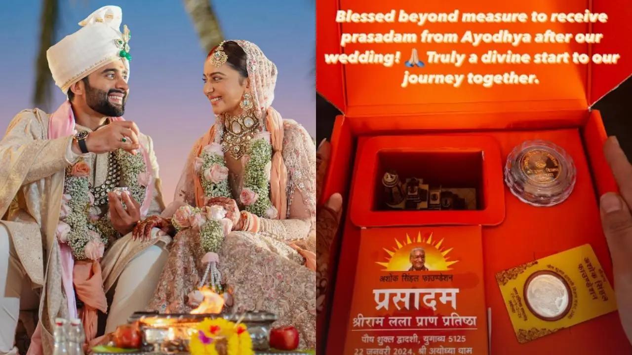 Rakul Preet Singh and Jackky Bhagnani, who tied the knot on February 21, received prasadam from Ayodhya. A picture of the same was shared by Rakul Preet on her Instagram stories. Read More