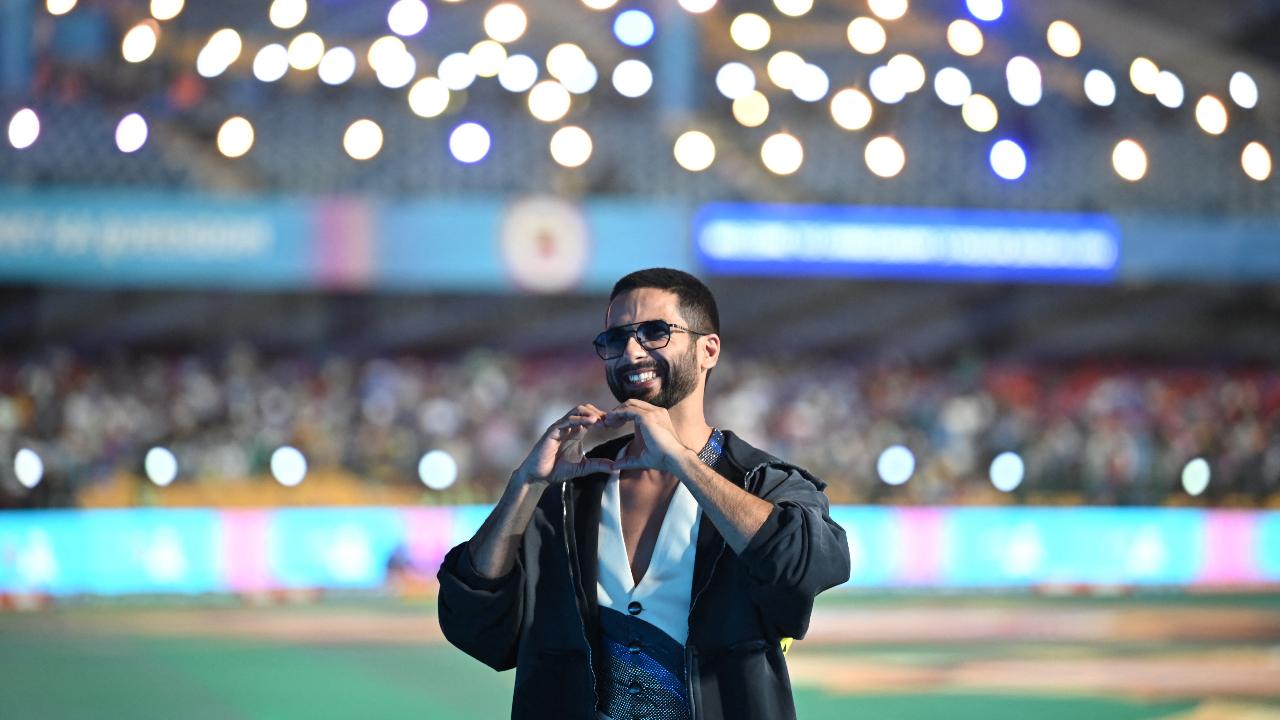 Shahid Kapoor gestures during rehearsal of the opening ceremony of 2024 Women's Premier League (WPL) in Bengaluru