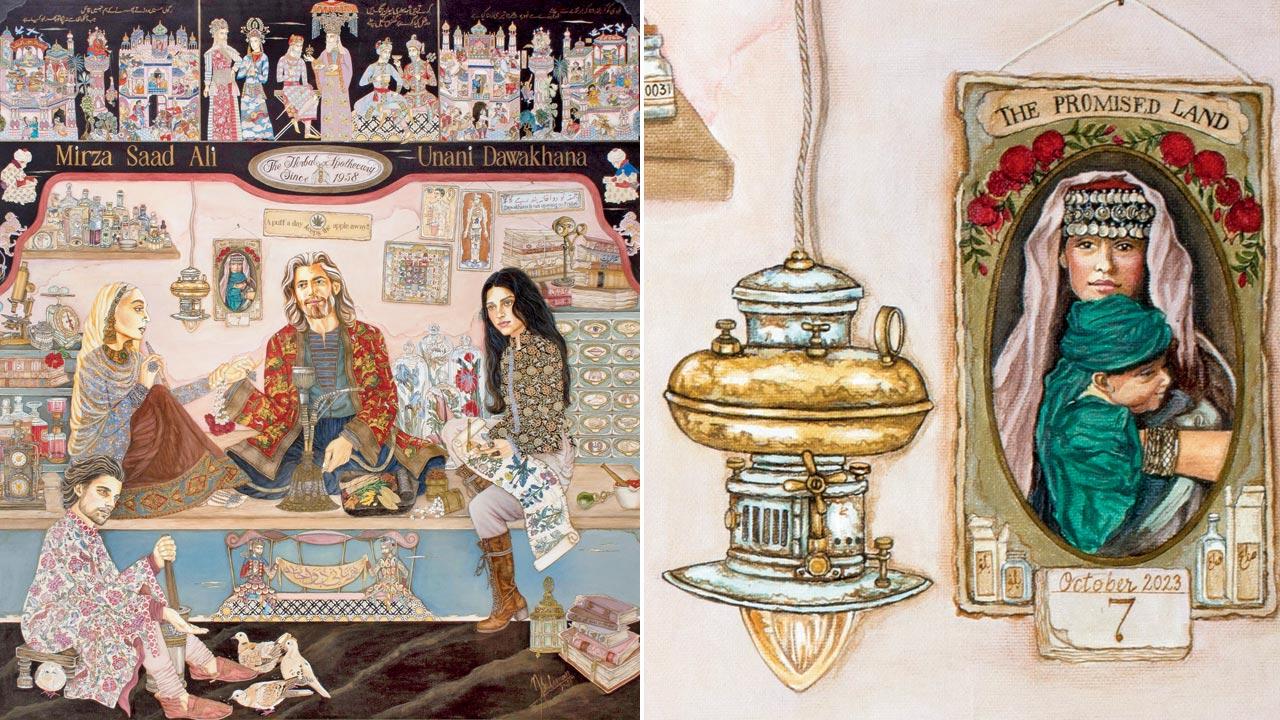 In Mirza Saad Ali Unani Dawakhana, acrylic on canvas, Nilofer Suleman transports the viewers into fanciful versions of “roadside clinics” replete with campy characters, local textiles and satiric misspelling. (right) A close up from Unani Dawakhana reflects stories nestled within stories that her paintings are known for. Pic Courtesy/Art Musings