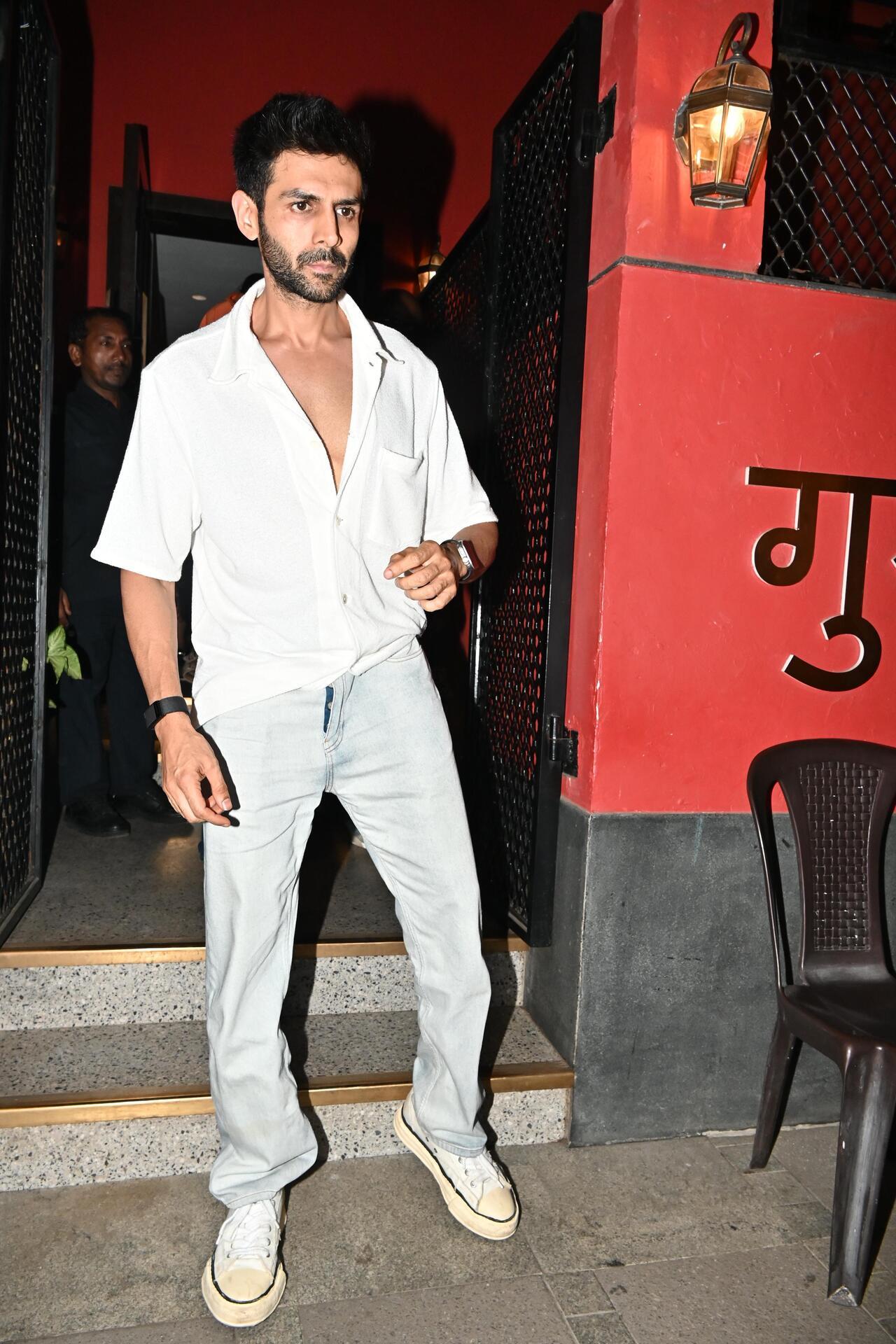 Kartik Aaryan was also spotted at a party spot in the city dressed in an all-white outfit
