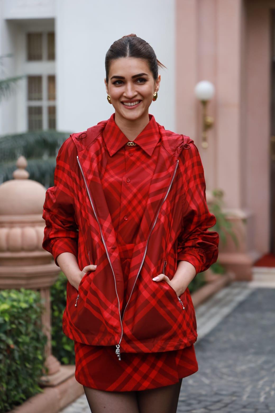 Kriti Sanon was clicked in a red plaid outfit as she promoted 'Teri Baaton Mein Aisa Uljha Jiya'