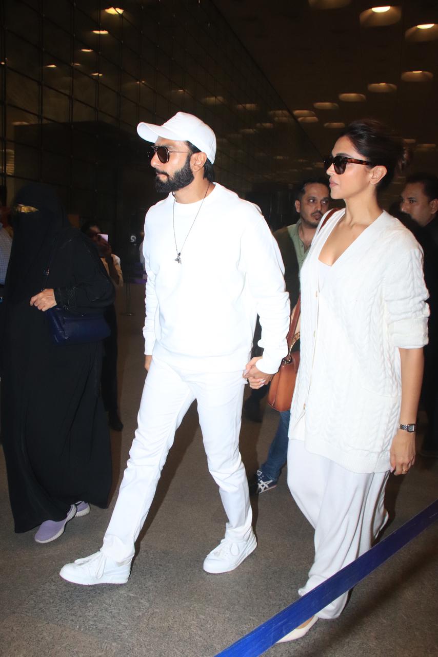 Expecting parents Deepika Padukone and Ranveer Singh were seen at the airport in Mumbai on Thursday evening, both donned in white attire.