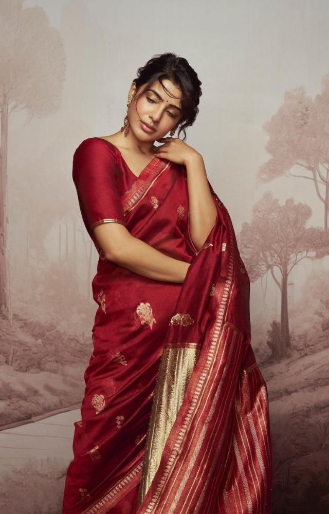Samantha shared some gorgeous photos on Instagram where she rocked a stunning crimson red saree.