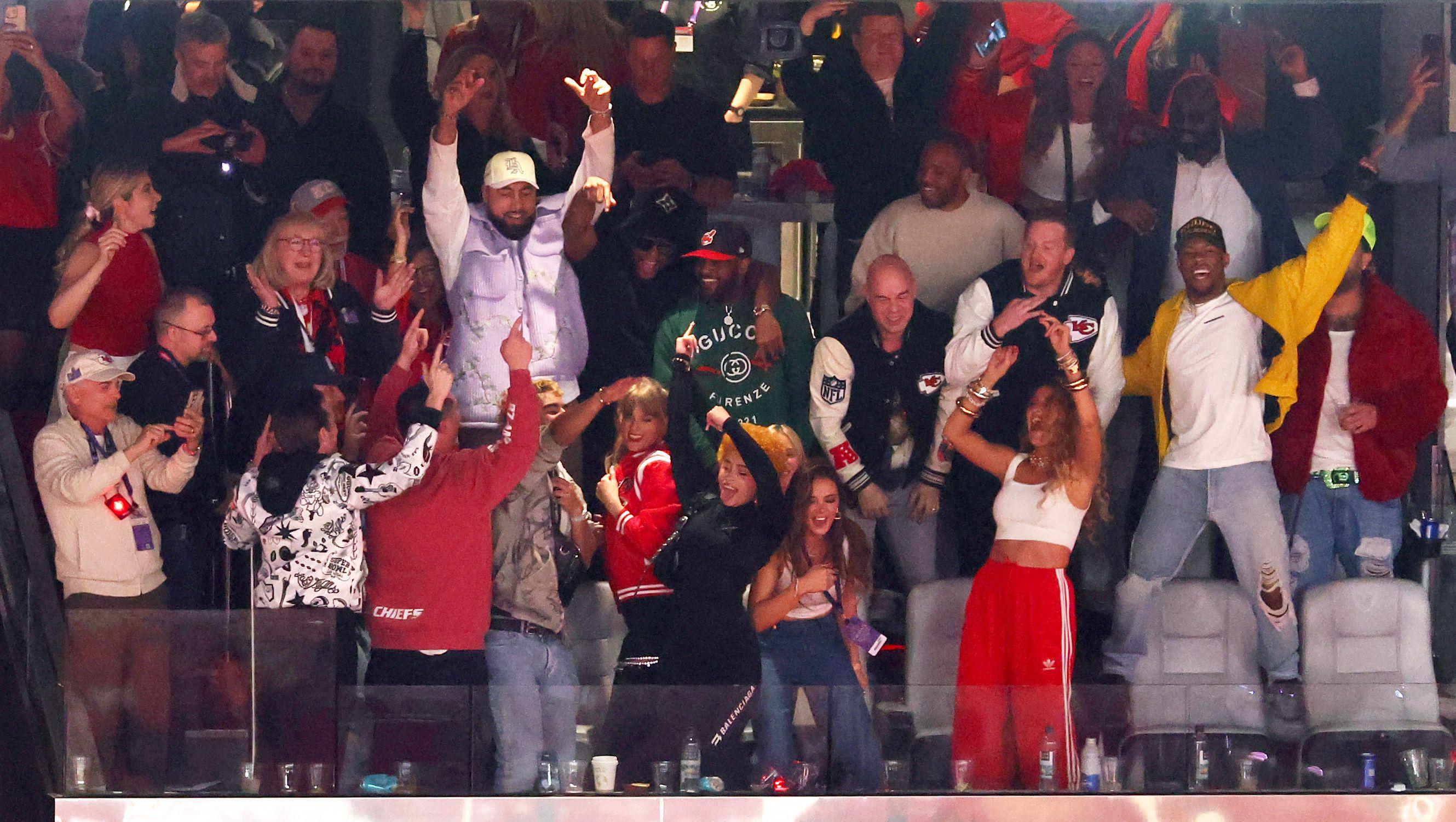 As per PEOPLE, The Chiefs scored in the third quarter of the big game -- and Swift was spotted on the broadcast celebrating with her pals, Ice Spice, Blake Lively, Keleigh Teller, and Ashley Avignone in her suite at Allegiant Stadium.