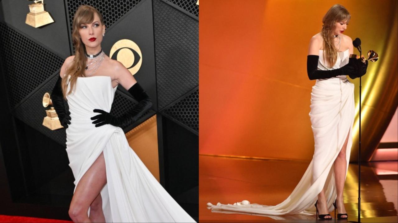 Taylor Swift, who stole the show, dazzled in a dramatic couture gown with a leg slit paired and black gloves. 