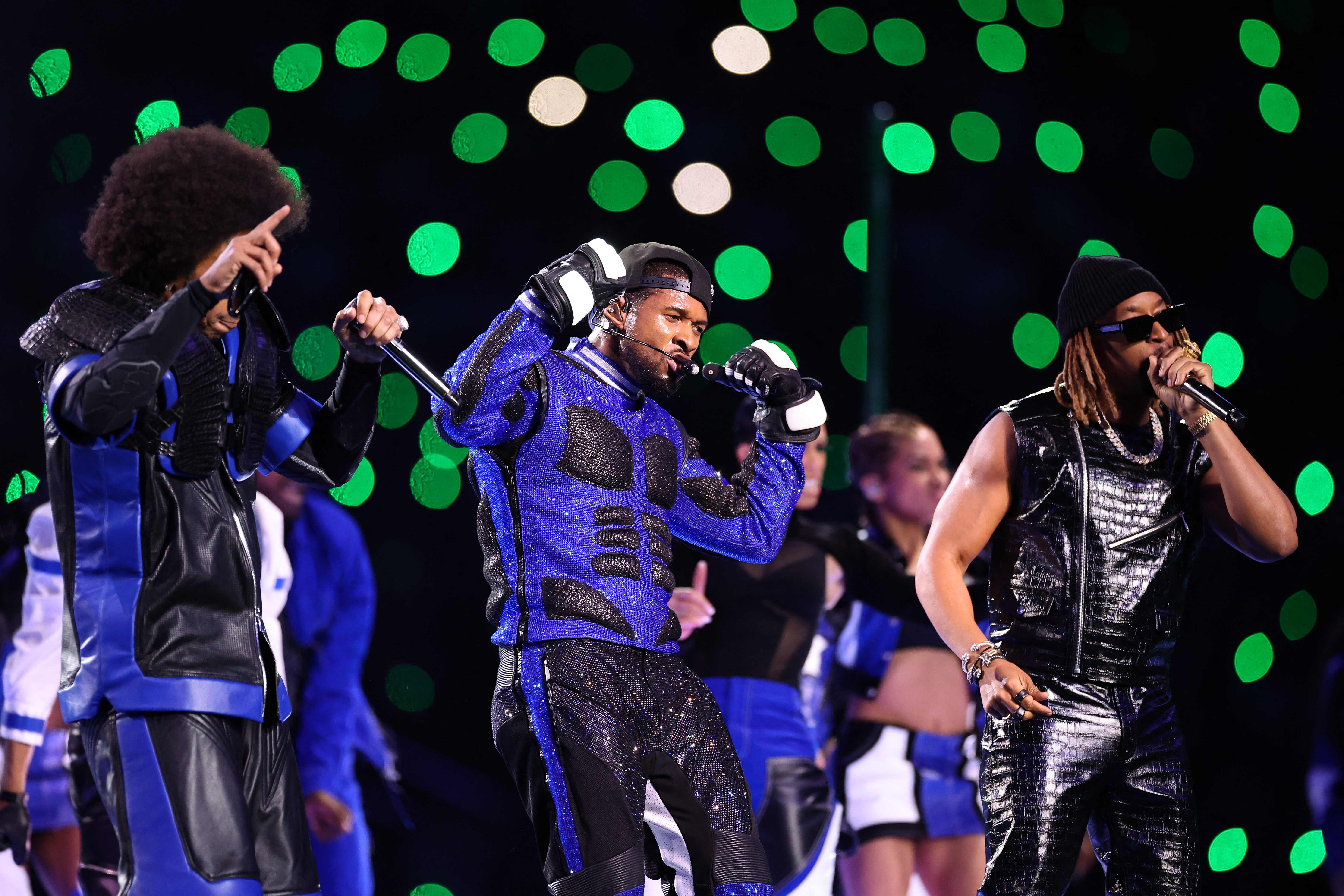 (L-R) Ludacris, Usher, and Lil Jon perform onstage during the Apple Music Super Bowl LVIII Halftime Show at Allegiant Stadium on February 11, 2024 in Las Vegas, Nevada