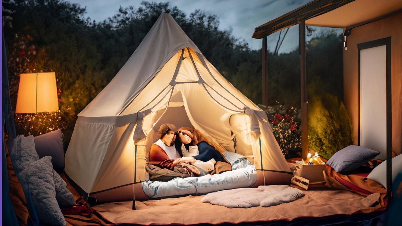 Consider setting up a cosy and intimate tent adorned with soft blankets, plush pillows and scented candles. This small tent provides a private sanctuary where you and your partner can snuggle up together under the stars, creating cherished memories in the comfort of your backyard, terrace or balcony