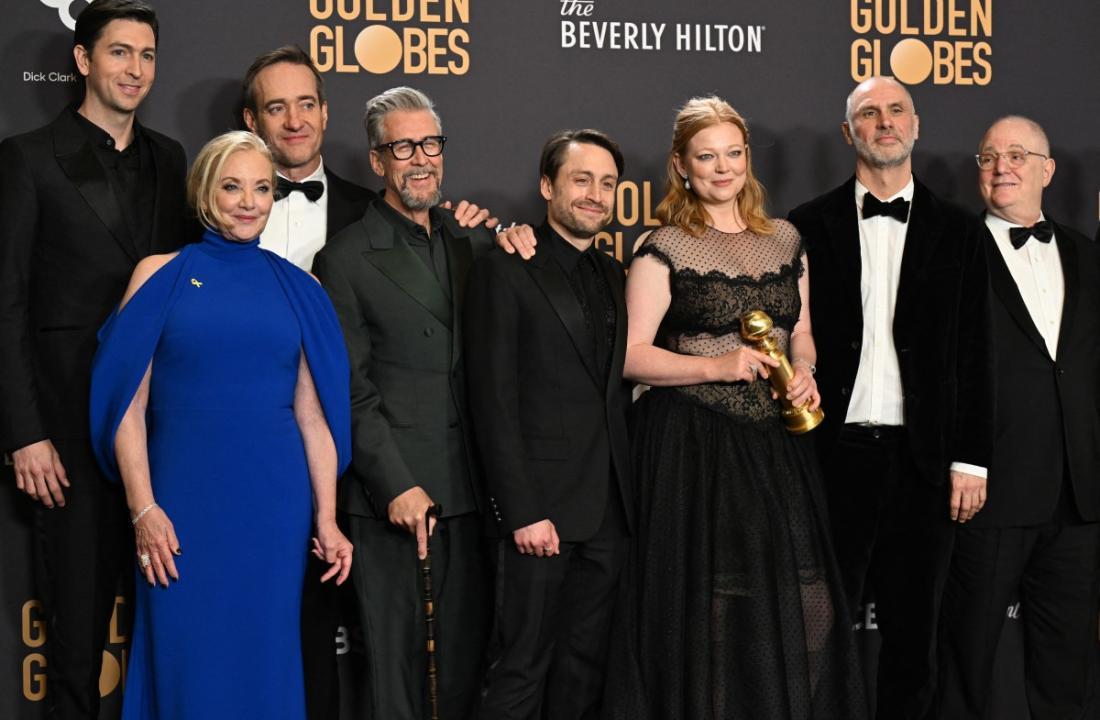 Cast from the show 'Succession' pose for winning the Best Television Series - Drama Award at Golden Globe 2024. Image Courtesy: AFP