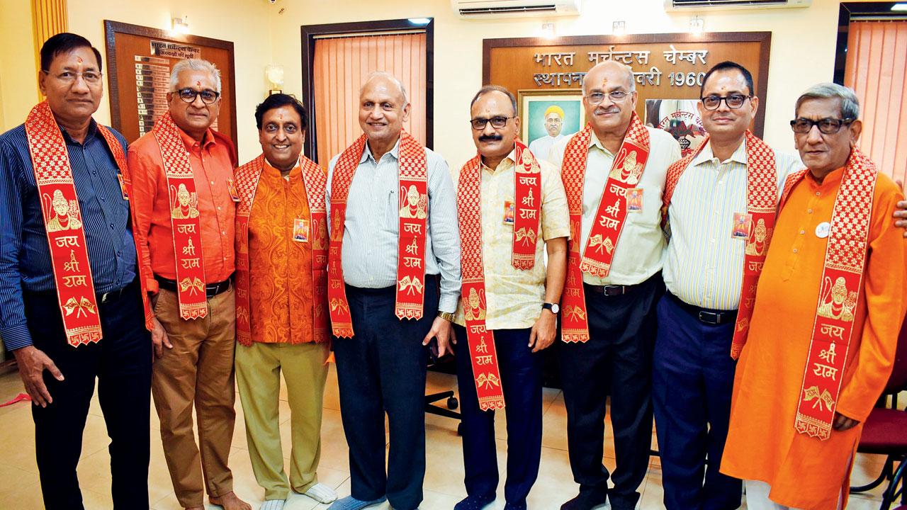 (From left) Anand Prakash Gupta, Manoj Jalan, Narendra Potdar, Vimal Punamiya, Mahendra Sonawat, Vishnu Kediya, Navin Bagediya, members of Bharat Merchants’ Chamber Trust, at the pooja organised at Kalbadevi on Monday on the occasion of the Ram Lalla Pran Pratistha at Ayodhya. The members also distributed food to the less fortunate and organised a bhajan afternoon. PIC/SAMEER MARKANDE