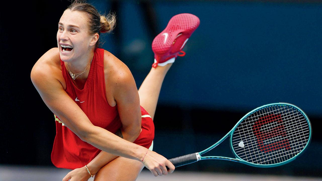 Aryna Sabalenka serves to Lesia Tsurenko yesterday. Pic/Getty Images