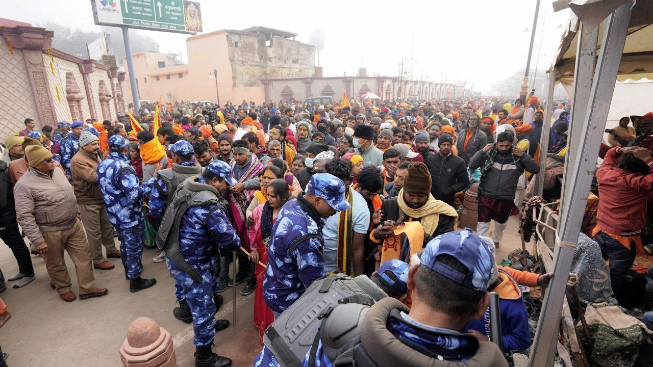 A drove of devotees, both locals and visitors from across India, queued outside the main door of the Ayodhya Ram Mandir to get a glimpse of Ram Lalla.