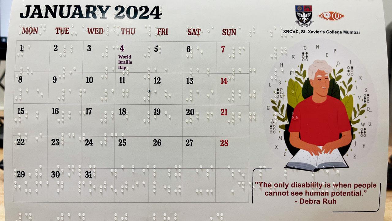 A close-up of the calendar with the Braille symbols embossed over the text