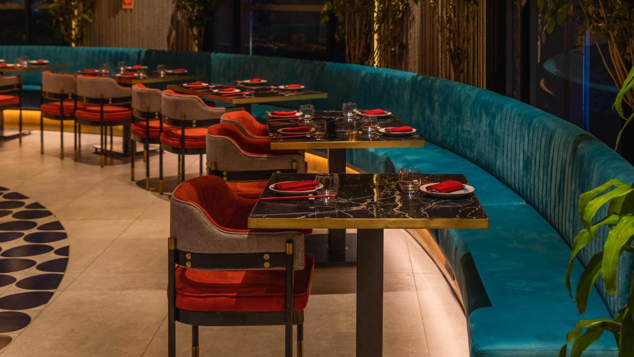 Shades of tranquil blue and sophisticated grey interlace throughout the expansive 3800 sq.ft space, creating an aesthetic that harmonises with nature. Every section of the restaurant boasts a statement piece, seamlessly integrating through the structure, furniture, lighting, art, and décor.