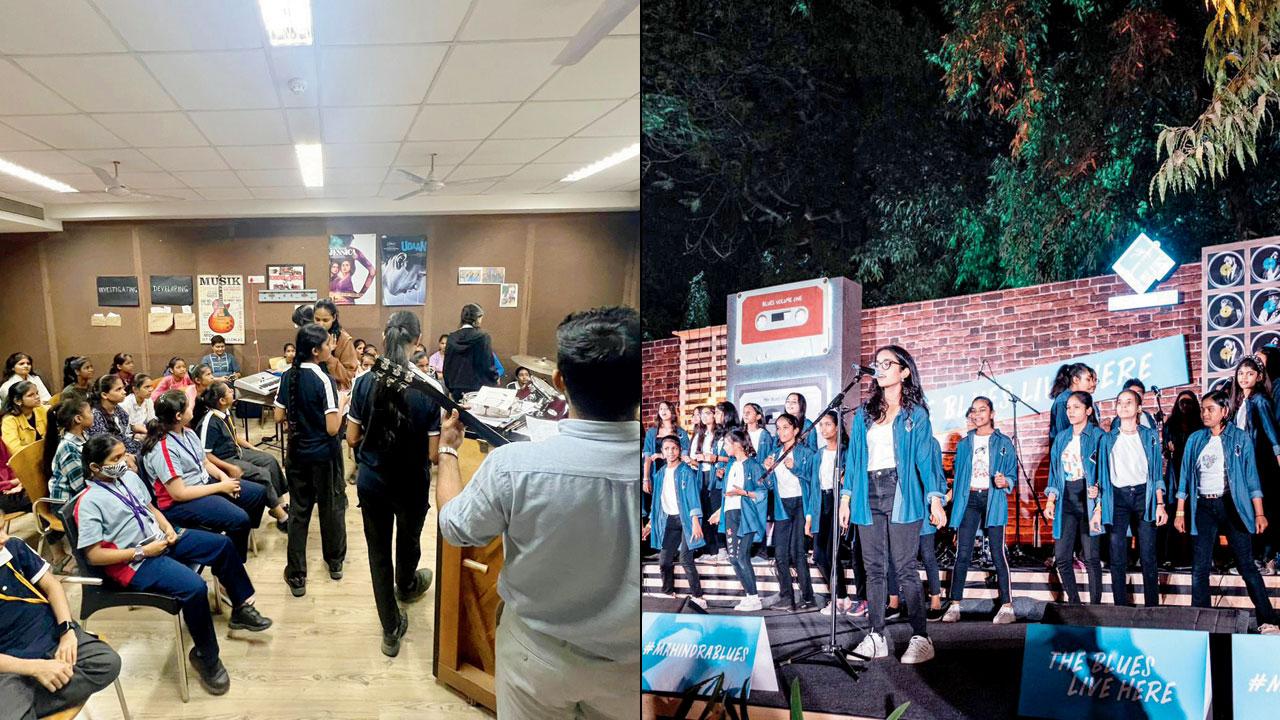  (Left) The children at a practice session; (right) the group at a performance