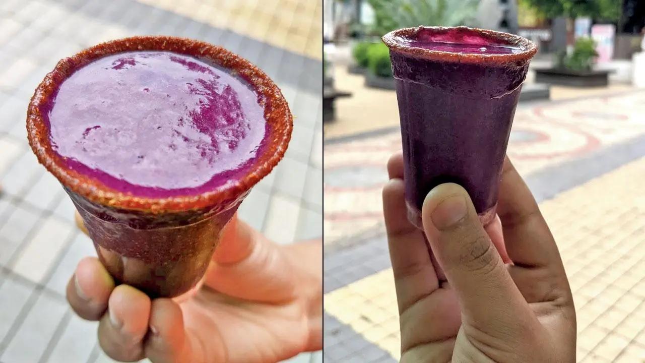 Jamun shotWho wants a glass of watered-down juices when one can enjoy a shot of concentrated goodness? A few shops here have fruit shots that serve five to six types of juices—jamun, guava, kiwi, falsa, mango—made out of pure fruit pulp kept chilled in ice. Jamun shot, laced with black salt and chilli powder, sure is the hero and it’s hard to stop at just one