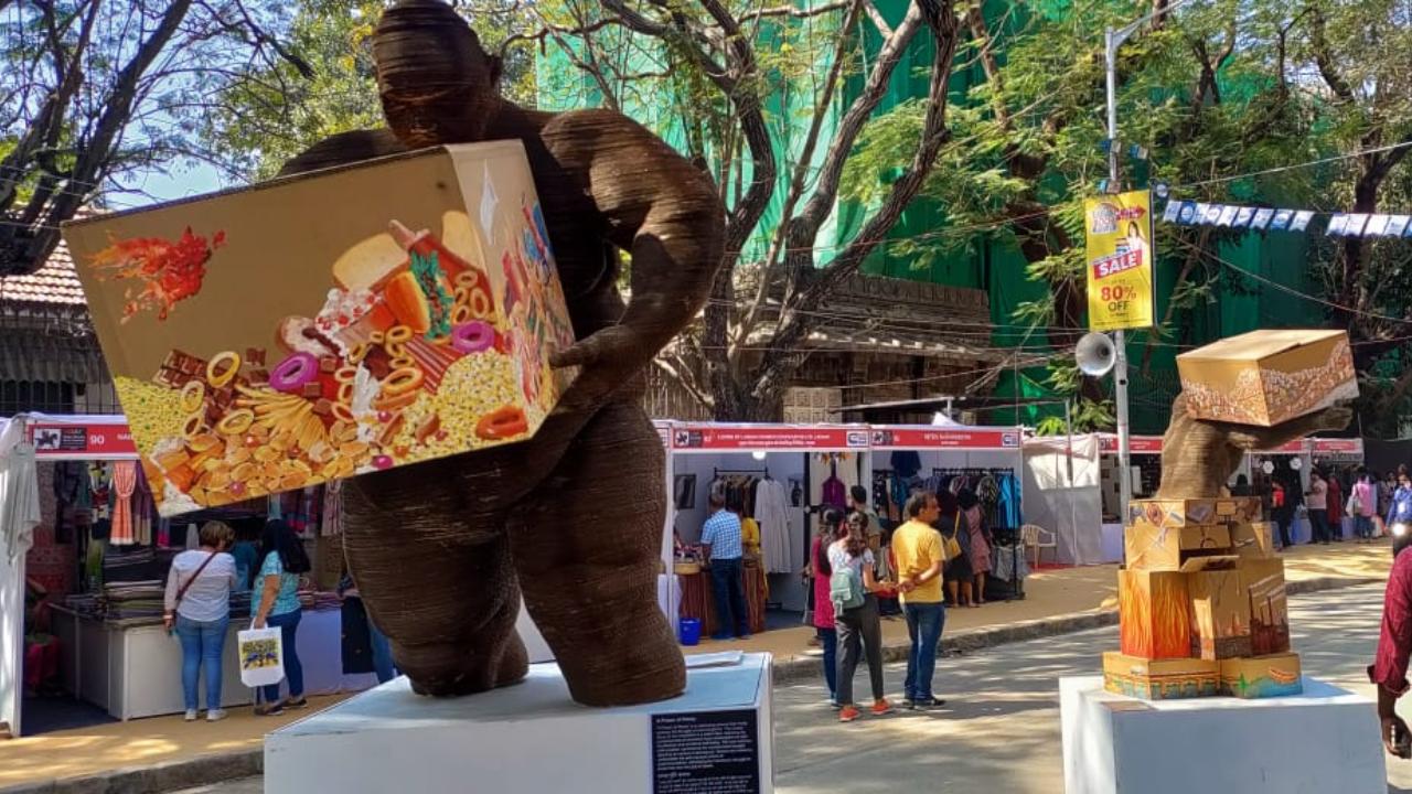 In her series 'Consumerism', the Mumbai-based sculptor and sustainability design expert uses waste materials like cardboard from the scrapyard as her canvas to create intriguing artworks that showcase how humans are influenced by consumerism