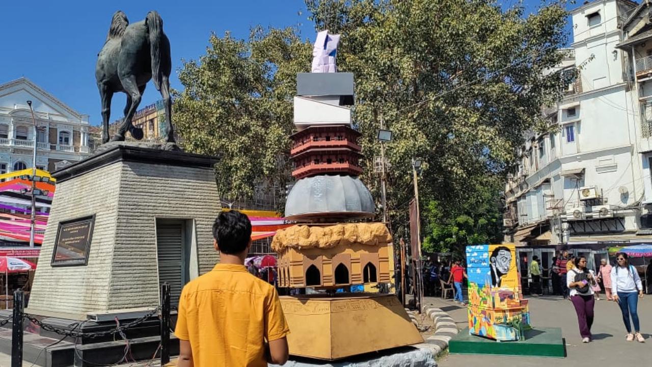 Called 'Brick-O-Lage', this art installation is by artists Adithya Vikram Mohan, Nithya Muthiah, Sameer Warrier, Sukruth S, Sivabalan S from the School of Design and Innovation at RV University in Bengaluru. It depicts a journey through time and human progress, from the earliest forms of civilisation to what the future could hold. From he caves, pyramids, yao dong, stupa, pagoda to more modern innovations and also a scaffolding to represent the future. The lowest level that carries the installation depicts how the progress is owed to undeprivileged and overlooked sections of society who made this possible, according to the artists.