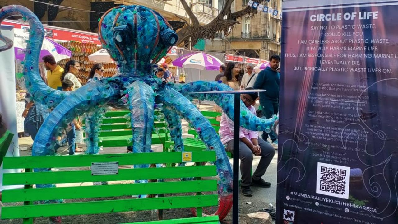 Another unique installation that saw a lot of young and old people sit with the Octopus installation titled 'Circle of Life' on benches -- all of which have been created by plastic discarded by Mumbaikars. Created by Dnyaneshwar Randhai with NGO Project Mumbai, the installation aims at making people say no to plastic waste because it harms marine life.