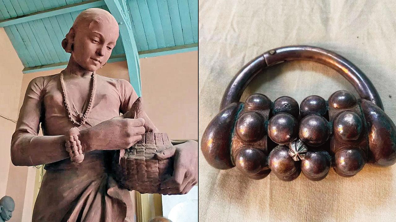 The sculpture by Karmarkar (right) the silver khubyacha kada that belonged to Koli’s great-grandmother