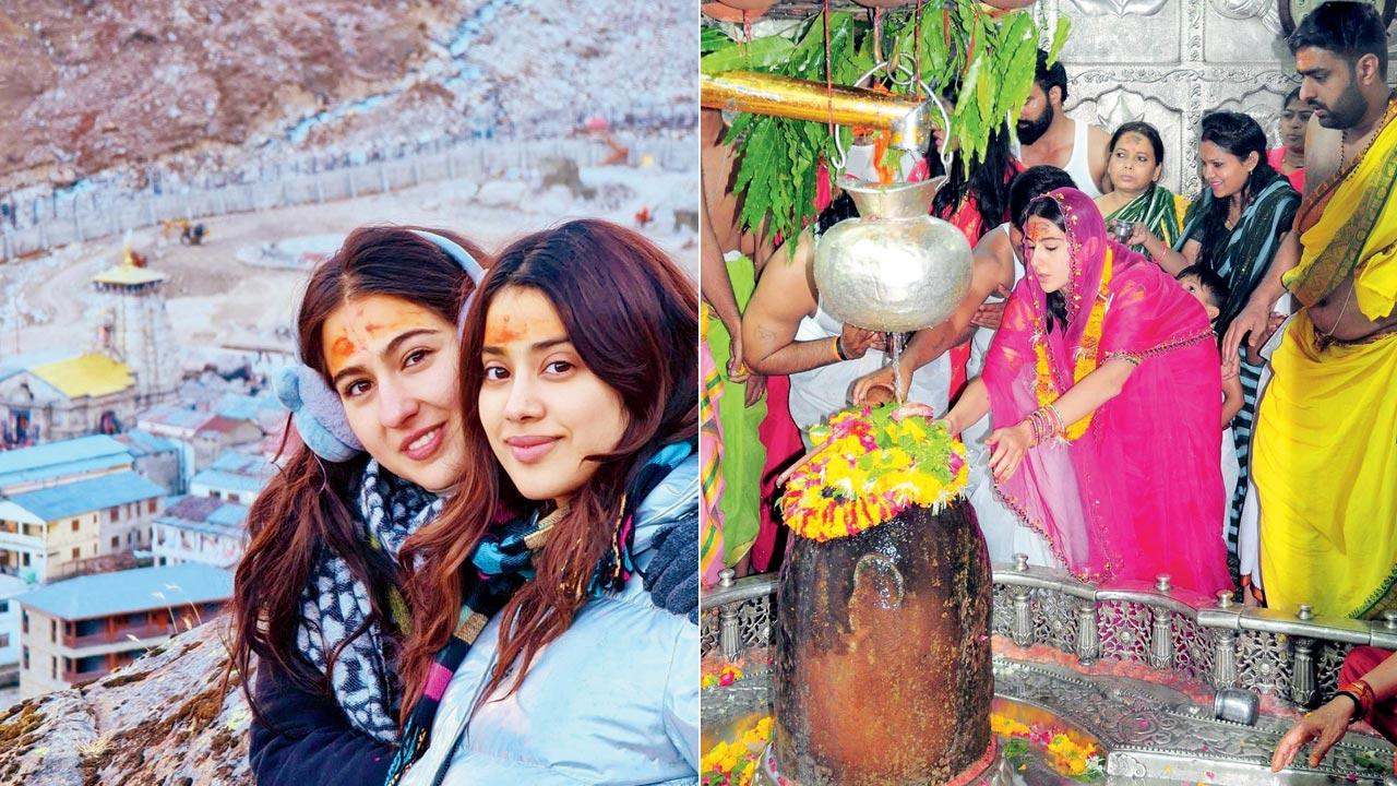 Janhvi Kapoor and Sara Ali Khan at Kedarnath in November 2023. Observers say that watching Bollywood figures visit these destinations makes a yatra aspirational  for the common man; (right) Sara Ali Khan during a temple vsit last year