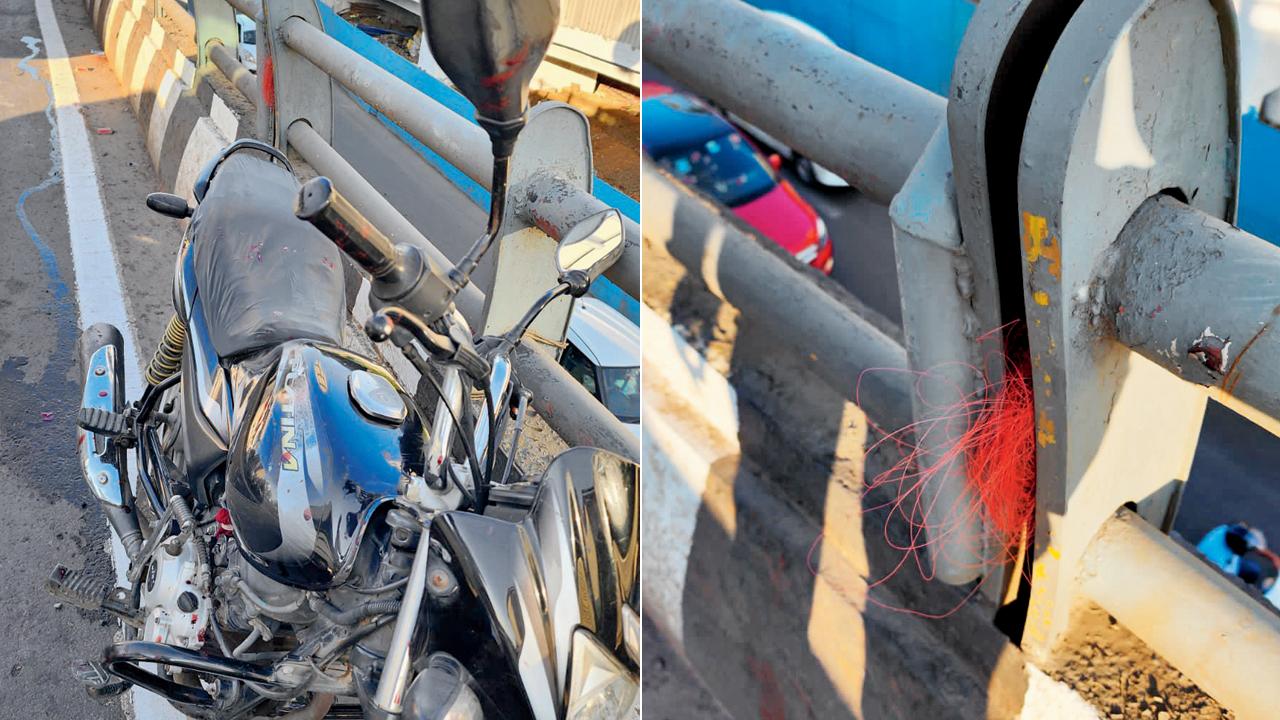 The motorcycle used by Jalibder Memane; (right) the manja entangled in the barrier on the Western Express Highway